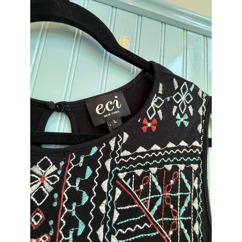 ECI New York Womens Black Geometric Embroidered Sleeveless Tank Top Size L - Picture 3 of 5